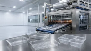 Thermoforming machine producing clear custom plastic food trays on a conveyor in a clean industrial manufacturing facility.