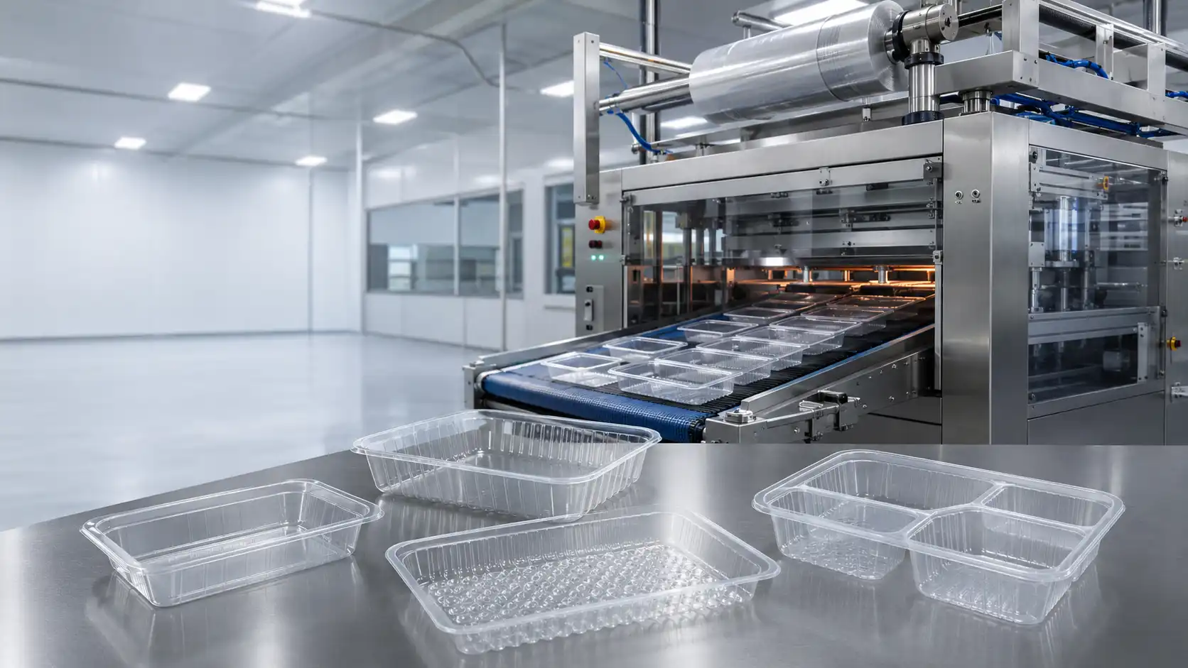 Thermoforming machine producing clear custom plastic food trays on a conveyor in a clean industrial manufacturing facility.
